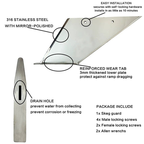 Straight Up Heavy Duty 316 Marine Grade Stainless Steel Skeg Guard Shields Mercury Outboards Against Rocks And Ramps Skipper Approved Boat Rig Armor Protector with features labeled.