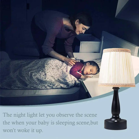 Lit Two Pack Battery Powered LED Night Lights Portable Dimmable Warm White Eye Protection Lamps With Remote Set Of 2 in bedroom scene