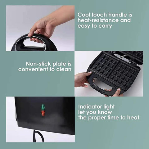 User holding cool touch handle of 3 In 1 Breakfast Maker With Interchangeable Plates Electric Sandwich Waffle And Steak Press Stainless Steel Non Stick Coating 110V For Home Kitchen Quick And Easy Meal Prep For Busy Mornings.