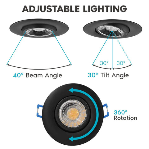 3 Inch Gimbal LED Recessed Light With Junction Box, 5CCT Tunable 2700K-5000K, Dimmable Eyeball Swivel, adjustable angles