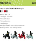 Juin F1 hybrid hydraulic disc brake caliper; four color variants shown (black, silver, red, gray).