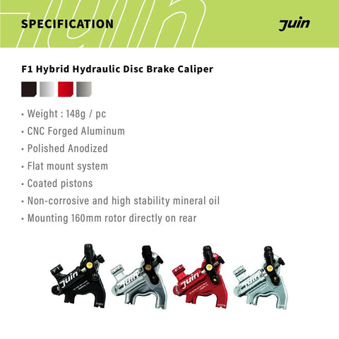 Juin F1 hybrid hydraulic disc brake caliper; four color variants shown (black, silver, red, gray).