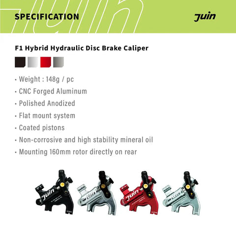 F1 Hybrid Hydraulic Disc Brake Set For Front And Rear Flat Mount Road And Gravel Bikes With 160MM Rotors Cable Actuated silver calipers with specifications.