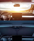 Foldable Windshield Sun Shade For Tesla Cybertruck 2024 shows front interior view blocking sunlight with reflective material.
