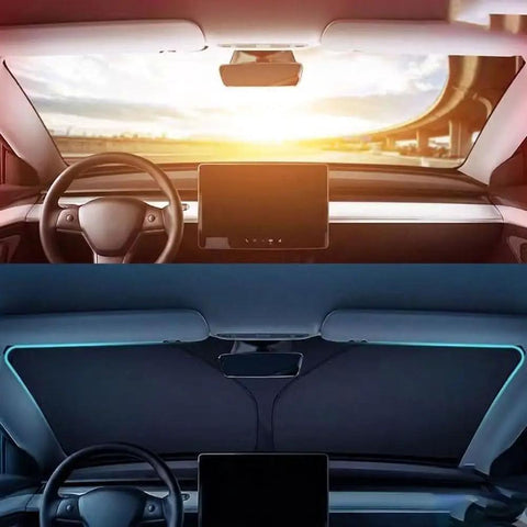 Foldable Windshield Sun Shade For Tesla Cybertruck 2024 shows front interior view blocking sunlight with reflective material.