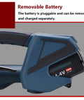 Close-up of removable battery on Heavy Duty Electric Strapping Machine Featuring Hot Melt Friction Lock And Rock Solid Adjustable Tension For Thick Tire Bundles And No Sweat Industrial Packing Workflows.
