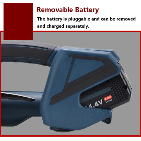 Close-up of removable battery on Heavy Duty Electric Strapping Machine Featuring Hot Melt Friction Lock And Rock Solid Adjustable Tension For Thick Tire Bundles And No Sweat Industrial Packing Workflows.