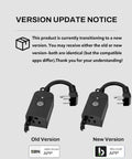 Old and new versions of the Outdoor Smart WiFi Plug With Heavy Duty Timer And Grounded Outlet with app icons.