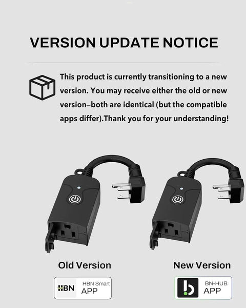 Old and new versions of the Outdoor Smart WiFi Plug With Heavy Duty Timer And Grounded Outlet with app icons.