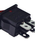 Close-up of a Hull Shape Snap In 4 Pin On Off Switch with red lamp, micro SMD PCB style, fits 19.2x12.9mm mounting hole, KCD1 104.