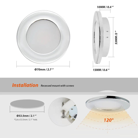 Lit 12V RV LED Puck Lights Recessed Ceiling and Cabinet Lighting 2.8 Inch Chrome Shell Cool White Dimmable Interior Lights