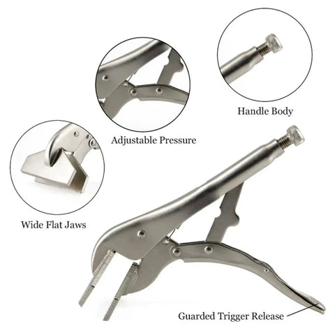 Super Cool 8 Inch Carbon Steel Adjustable Duckbill Locking Pliers showcasing wide flat jaws and ergonomic grip details.