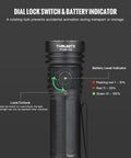 Rechargeable 4720 Lumen LED Flashlight With USB-C, 6 Modes, IPX8 Waterproof, showing dial lock switch and battery indicator