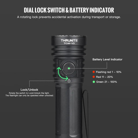 Rechargeable 4720 Lumen LED Flashlight With USB-C, 6 Modes, IPX8 Waterproof, showing dial lock switch and battery indicator