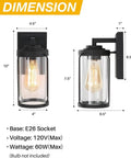 Dimensions and details of Two Pack Matte Black Outdoor Wall Lights with clear glass for front door, garage, and yard.