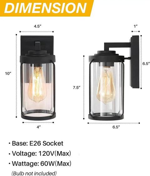 Dimensions and details of Two Pack Matte Black Outdoor Wall Lights with clear glass for front door, garage, and yard.