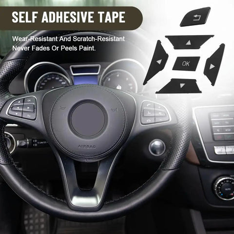 Steering Wheel Button Sticker Cover Replacement For Mercedes Benz M Class G Class A B C E Class Interior Trim Decoration shown with adhesive tape.