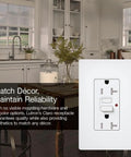 Self-Testing 20-Amp Tamper-Resistant Receptacle With Test Button Every 30 Seconds, Satin Snow Finish in kitchen setting