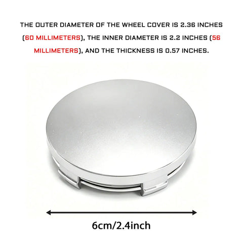 Four Pack Wheel Center Caps Silver Finish Snap In Rim Hub Covers Heavy Duty Abs Composite 60Mm Outer Diameter Fit showing size details.