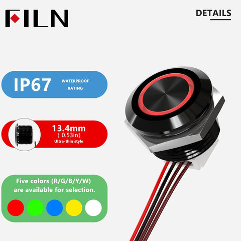 Built Tough Three Pack 12mm Momentary Push Button Switch With Bright Green Led Indicator And IP67 Waterproof Rating Featuring Pre Wired Leads For Straightforward Hookup On 12V Or 24V DC Panels, close-up view of black switch with red ring and wires.