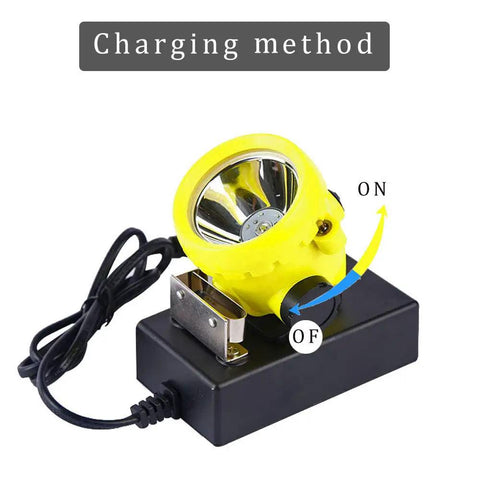 Rechargeable Safety Mining Headlamp With Dual Wearing Modes on charging base with on/off switch, yellow color, top view.