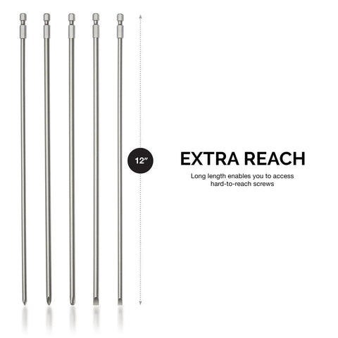 Extra Long 12 Inch Bit Set For Power Drivers 5 Piece Cr V Steel Screwdriver Bits Phillips PH1 PH2 PH3 And Slotted Three Sixteenths And One Quarter Inch Hex Shank Durable Long Reach Bits