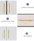 Six Piece Zinc Alloy Half Round Cabinet Pulls With Gold Brushed Finish For Kitchen Cabinets Dressers And Furniture Doors 96mm Center To Center Hardware Sleek Luxury Drawer Handles shown in different views with notes on craftsmanship, comfort, and installation.