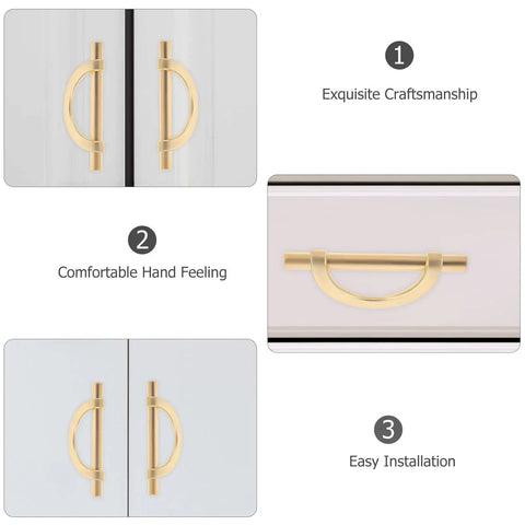 Six Piece Zinc Alloy Half Round Cabinet Pulls With Gold Brushed Finish For Kitchen Cabinets Dressers And Furniture Doors 96mm Center To Center Hardware Sleek Luxury Drawer Handles shown in different views with notes on craftsmanship, comfort, and installation.