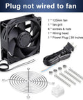 EC Brushless Industrial Case Fan 120x120x38mm, 116 CFM, kit with fan grill, cord, screws, ball bearing for electronics cooling