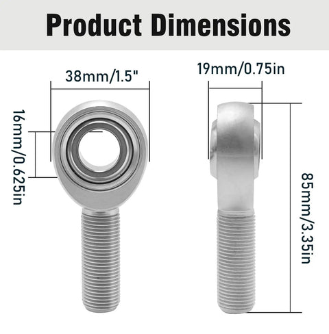 Heavy Duty Five Eighth Inch Chromoly Heim Joint Rod End Kit With Left And Right Hand Threads Jam Nuts 0.625 Inch Panhard Rod Kit PTFE Kevlar Liner Built Tough For Steering Suspension Traction Bars And Sand Rails product dimensions front and side view
