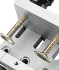 Close-up of Three In One Dowel Jig Kit with Self Centering Dowel Jig, Drill Locator and Adjustable Drill, metal components visible.