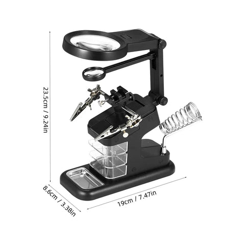 LED Magnifying Lamp With USB Power For Soldering And Electronics Repair showing dimensions and clamp base.