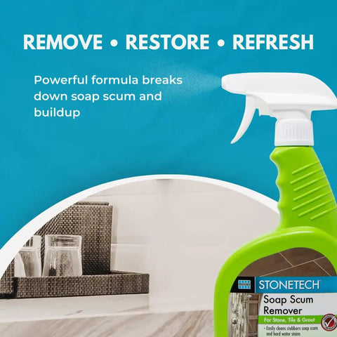 Soap Scum Remover For Natural Stone, Tile And Grout, 24oz Spray Bottle, green formula, removes soap film and hard water stains