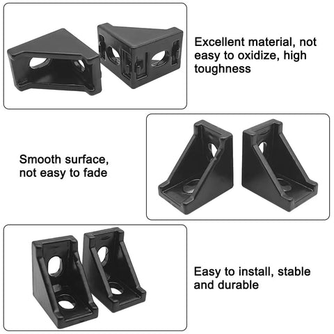 Aluminum Extrusion Corner Brackets Kit For 20S Rails 20x28x28mm, L shaped brackets, shown in black finish with installation features highlighted