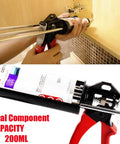 Dual Epoxy Gun For 200 mL 6.75 Fl Oz Panel Bonding Adhesive 2 To 1 Mix Ratio Double Cartridge Auto Body Repair Tool Easy Manual Use No Extra Tools Needed Delivers Smooth Precise Material Flow Scarlet And Black DIY Friendly displayed in use on a wooden surface with clear view of cartridge.