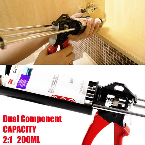 Dual Epoxy Gun For 200 mL 6.75 Fl Oz Panel Bonding Adhesive 2 To 1 Mix Ratio Double Cartridge Auto Body Repair Tool Easy Manual Use No Extra Tools Needed Delivers Smooth Precise Material Flow Scarlet And Black DIY Friendly displayed in use on a wooden surface with clear view of cartridge.