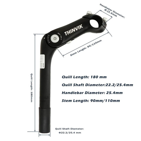 Ride Ready Quill Bike Stem For 1 Inch Steerer, 22.2mm Quill, 180mm Length, 25.4mm Handlebar Clamp, Adjustable From -10 To 50 Degrees