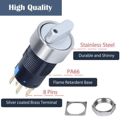 Five Eighth Inch Mini Latching Metal Rotary Switch 12 To 24 V DC LED Illuminated 3 Position Knob Selector DPDT Red LED Light