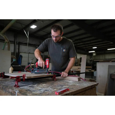 Pro Grade Pneumatic Pin Nailer For Cabinet Trim And Fine Woodworking Ships Ready Using Twenty One Gauge Straight Collated Pins From Half Inch To Two Inches at work.