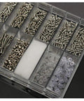 Super Slick Micro Screw Kit For Eyeglasses And Watches With Tiny Precision Drivers and Portable Keychain Clip, showcasing various tiny screws and components.