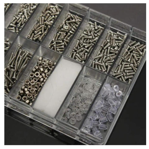 Super Slick Micro Screw Kit For Eyeglasses And Watches With Tiny Precision Drivers and Portable Keychain Clip, showcasing various tiny screws and components.