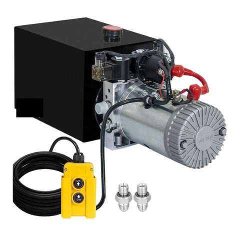 Heavy Duty Hydraulic Power Unit For Single Acting Cylinders Built Tough With Straight Up Performance Rock Solid Stainless Steel Frame 7500 Watt Capacity, features motor and control.
