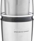 Electric Spice And Nut Grinder With Heavy Duty Motor, stainless steel body, easy push top lid, visible 90 gram bowl