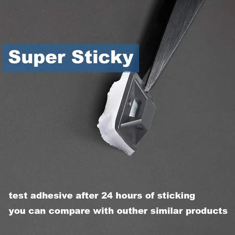 Small Three Quarters Of An Inch Black Cable Tie Mounts With Adhesive Backing 100 Pack For Pedal Board Cable Management And Indoor Wires Ultra Concealed Strong Sticky Backing Easy Peel showing adhesive strength on surface.