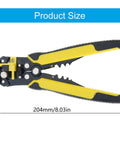 Compact ABS Cable Stripper Crimping And Cutting Tool Easy Grip Ergonomic handle design shown with dimensions 204mm/8.03in.