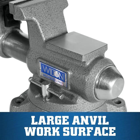 Mechanics Pro Bench Vise Built Tough For DIY Pros With 4.5 Inch Jaw Width, 4 Inch Opening, 3.5 Inch Throat, Durable Ductile Iron Build, Enclosed Spindle, Precision Slide Bar, 60,000 PSI Strength, Needle Roller Lubrication For Smooth Grade Clamping. large anvil work surface