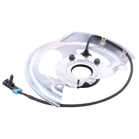 Heavy Duty Front Left And Right Abs Wheel Speed Sensor With Harness And Dust Shield For Chevy Blazer S10 Gmc Jimmy Sonoma side view of metal dust shield and wiring.