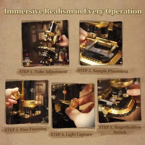 Retro Microscope Building Kit With Antique Brass Finish For Adults Dope DIY Science Toy Realistic Brass Details Hands On STEM Project Educational Desk Decor For Makers And Curious Minds showing five function steps