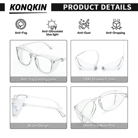 Product details of Anti Fog Safety Glasses With Anti Blue Light featuring clear lenses, TR90 square frame, and nose pad design.