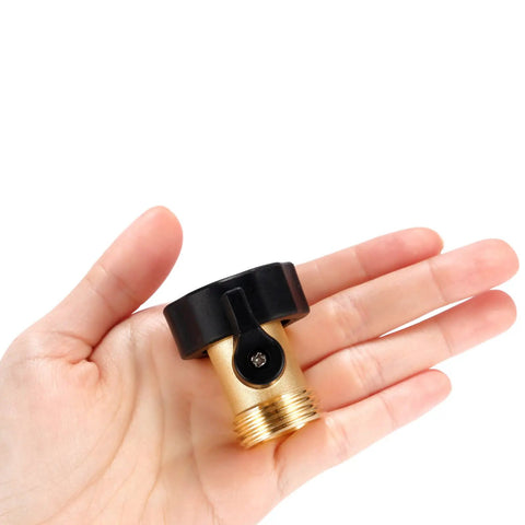 2 Pack Brass Hose Shut Off Valves Three Quarter Inch, Heavy Duty Water Stop For Garden Hoses, Sprayers And Nozzles, Easy Install, Leak Free, Durable, Fits All Standard Hoses, brass valve in hand